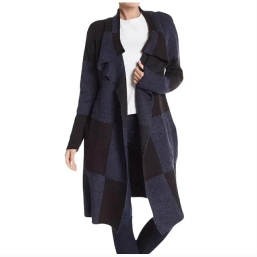 Joseph A. Buffalo Check Longline Duster Cardigan Blue Black - Picture 2 of 13